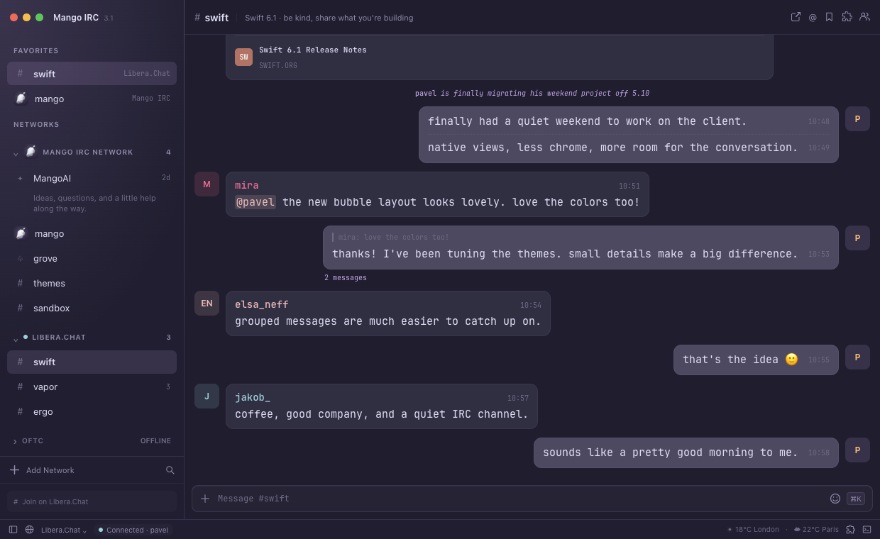 Mango en macOS: barra lateral de redes, burbujas con avatares, respuestas agrupadas y campo de mensaje. Conversación de ejemplo.